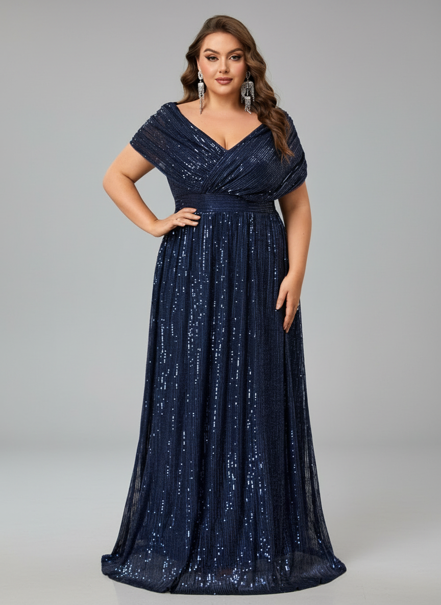 Elena Plus Navy Draped-Sleeve Formal Dress