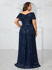 Elena Plus Navy Draped-Sleeve Formal Dress