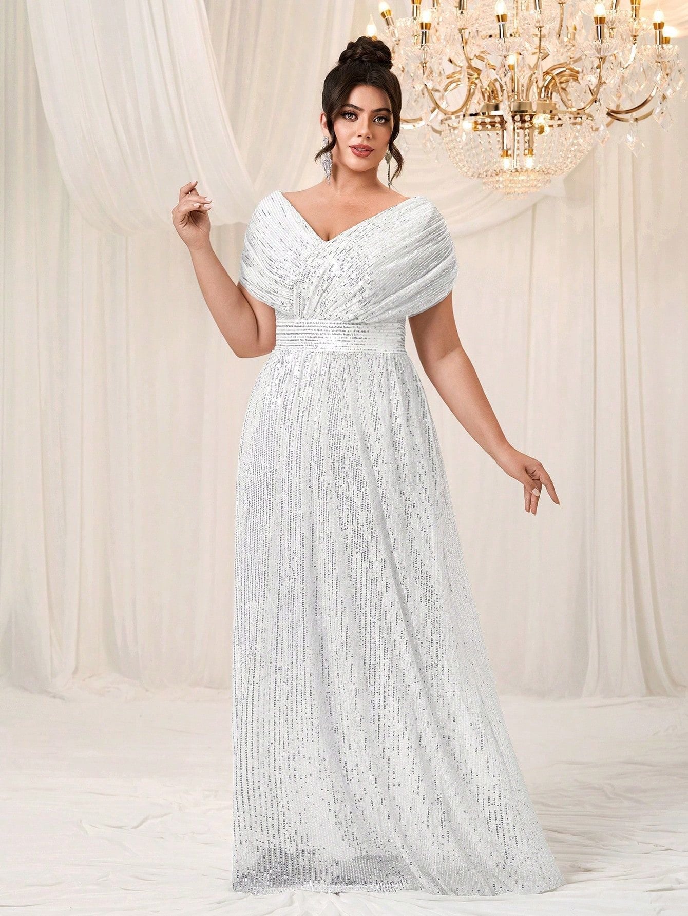 Elena Plus Navy Draped-Sleeve Formal Dress