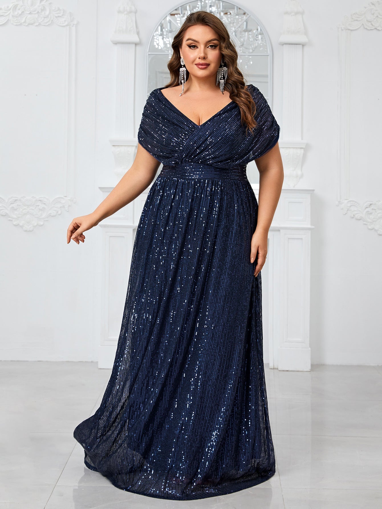 Elena Plus Navy Draped-Sleeve Formal Dress