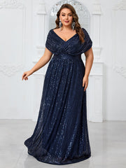 Elena Plus Navy Draped-Sleeve Formal Dress