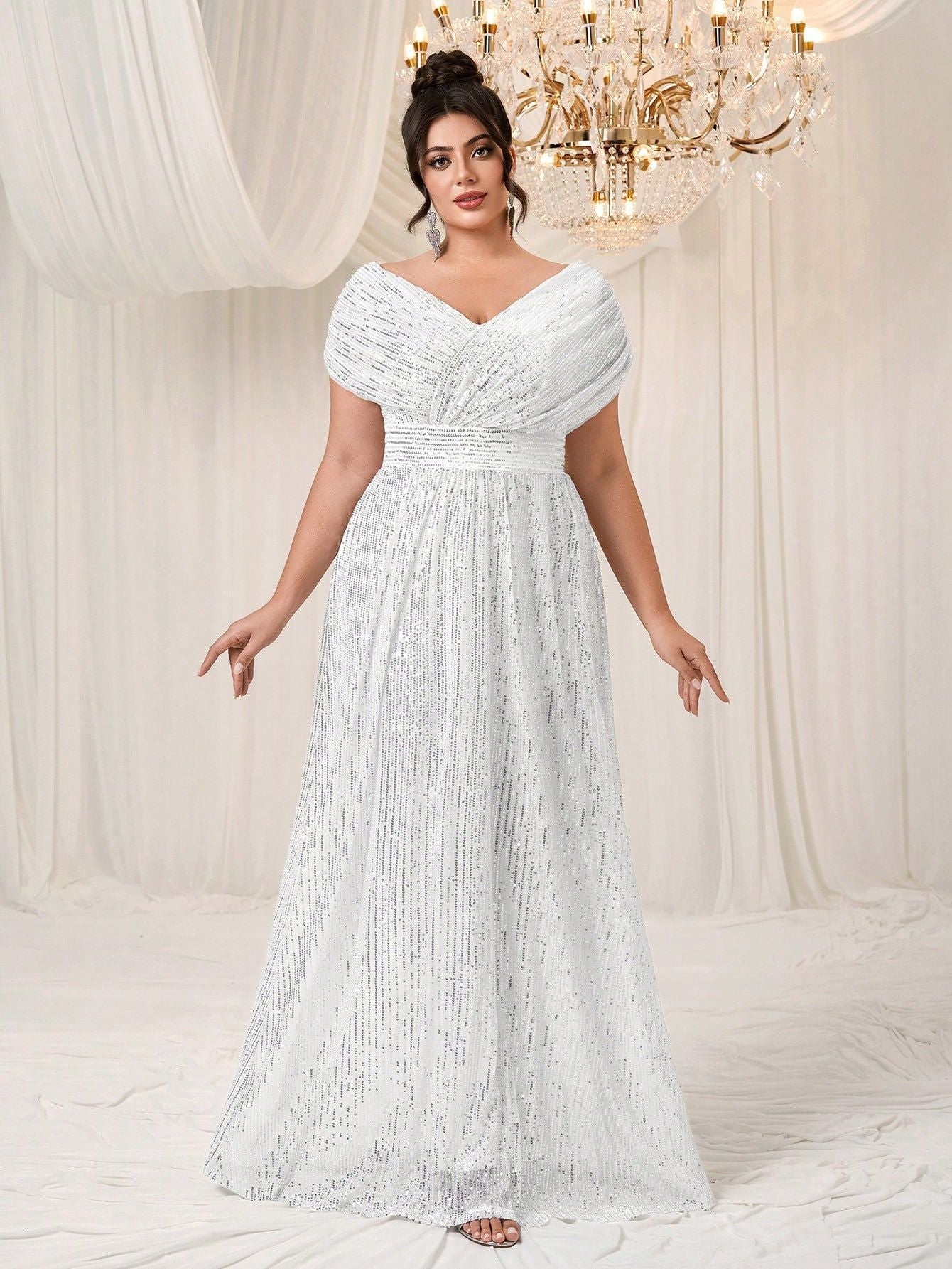 Elena Plus Navy Draped-Sleeve Formal Dress