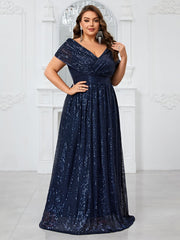 Elena Plus Navy Draped-Sleeve Formal Dress