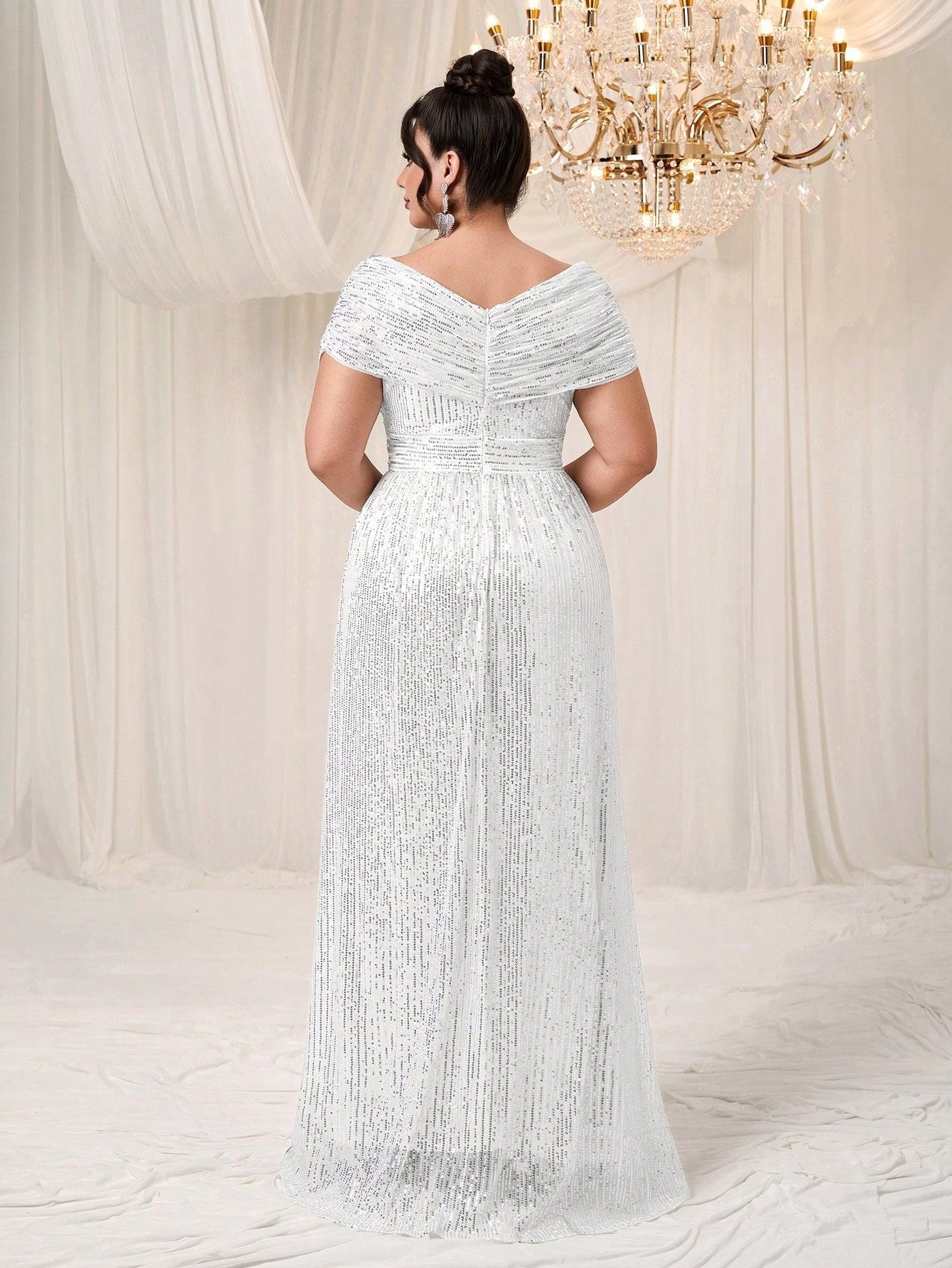 Elena Plus Navy Draped-Sleeve Formal Dress