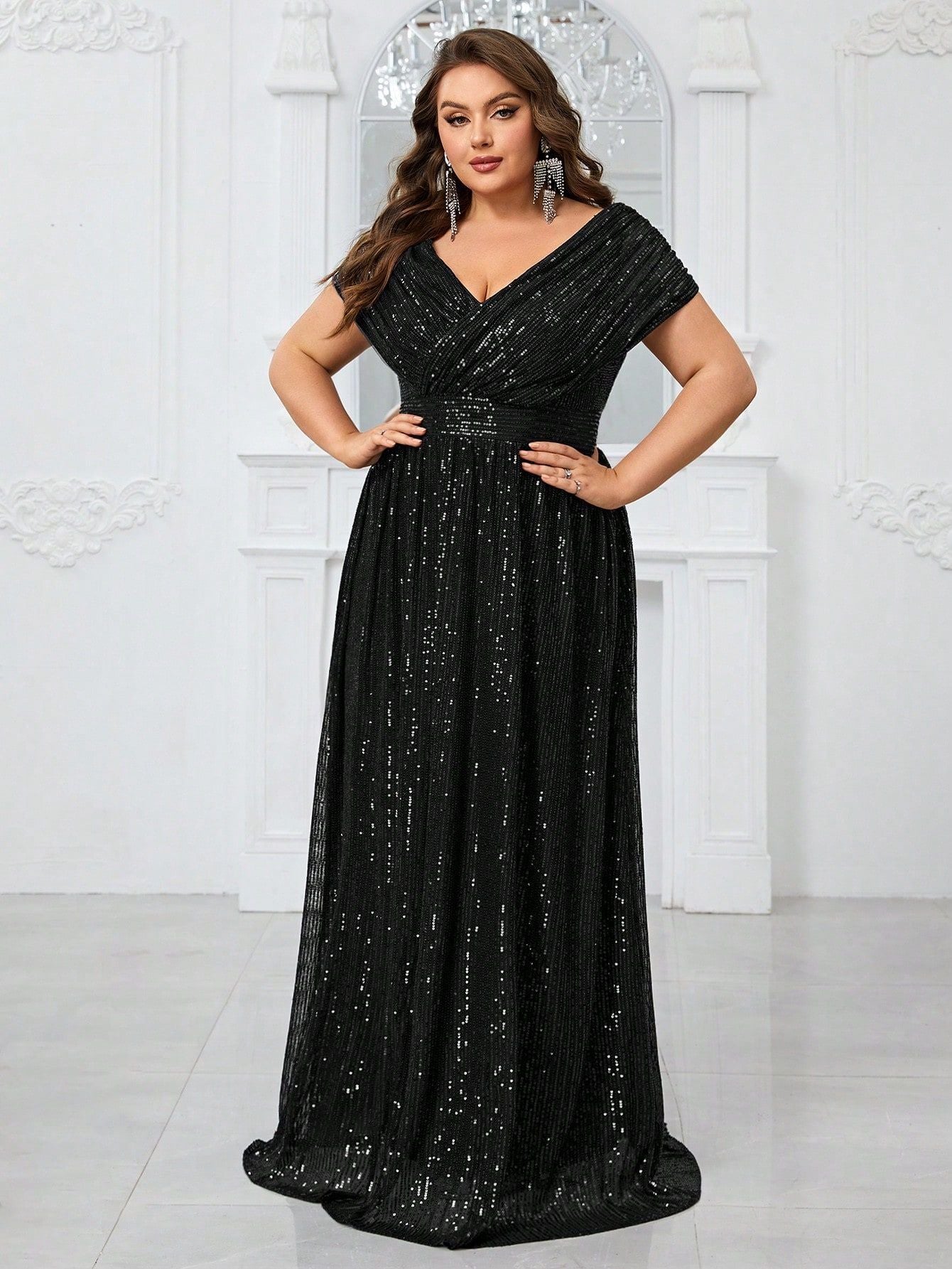 Elena Plus Navy Draped-Sleeve Formal Dress
