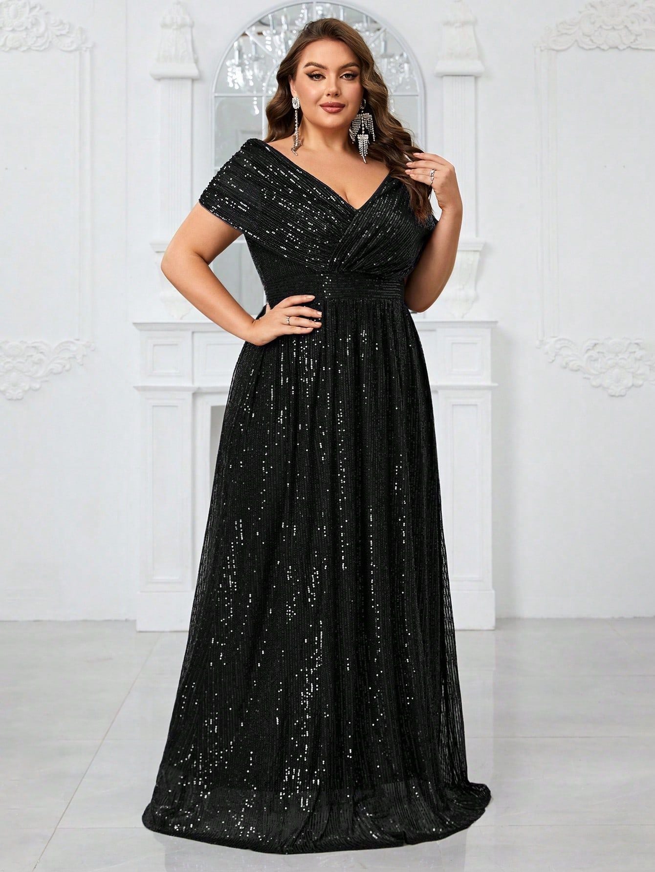 Elena Plus Navy Draped-Sleeve Formal Dress