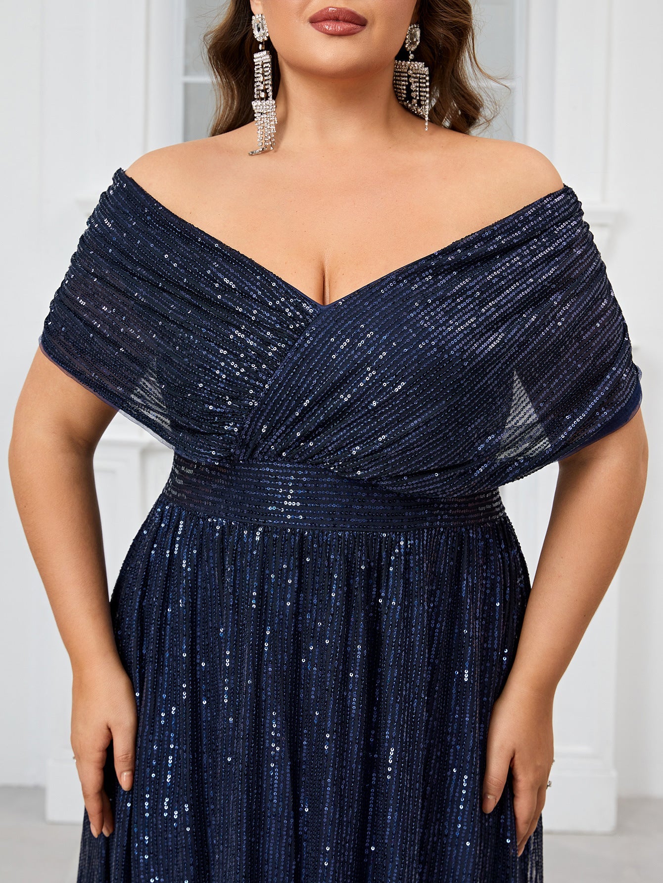 Elena Plus Navy Draped-Sleeve Formal Dress
