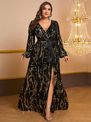 Louisa Plus Sequin Long-Sleeve Slit Formal Dress