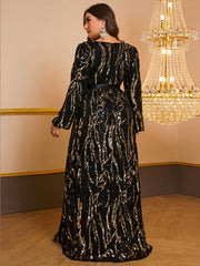 Louisa Plus Sequin Long-Sleeve Slit Formal Dress