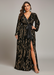Louisa Plus Sequin Long-Sleeve Slit Formal Dress