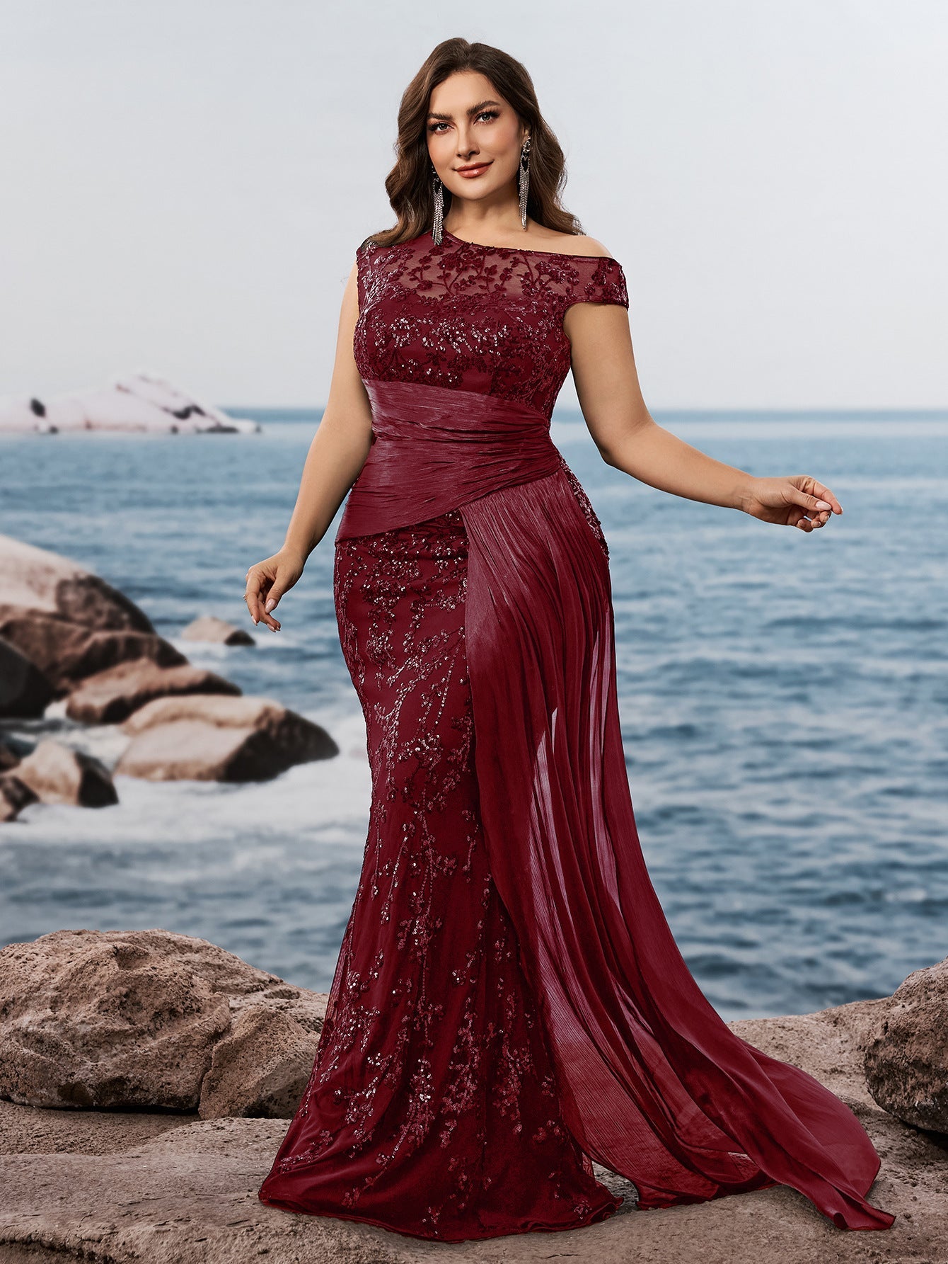 Fawn Plus Black Sequin One-Shoulder Dress