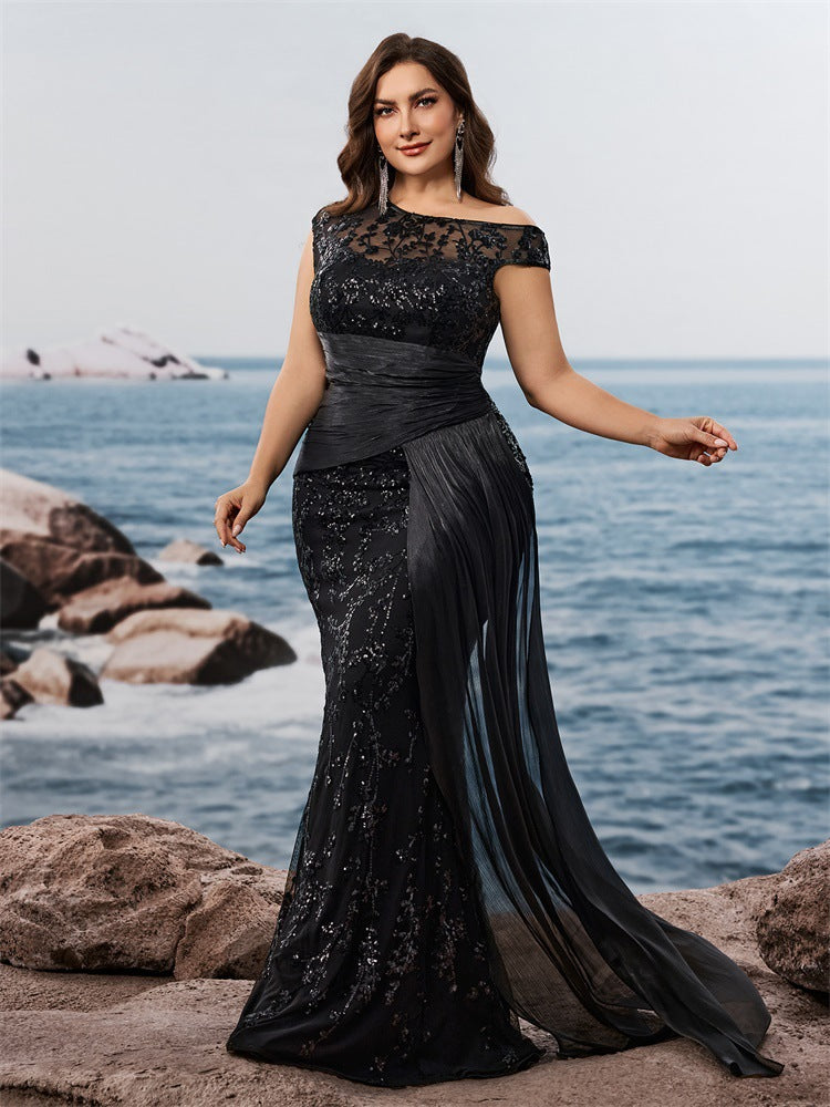 Fawn Plus Black Sequin One-Shoulder Dress