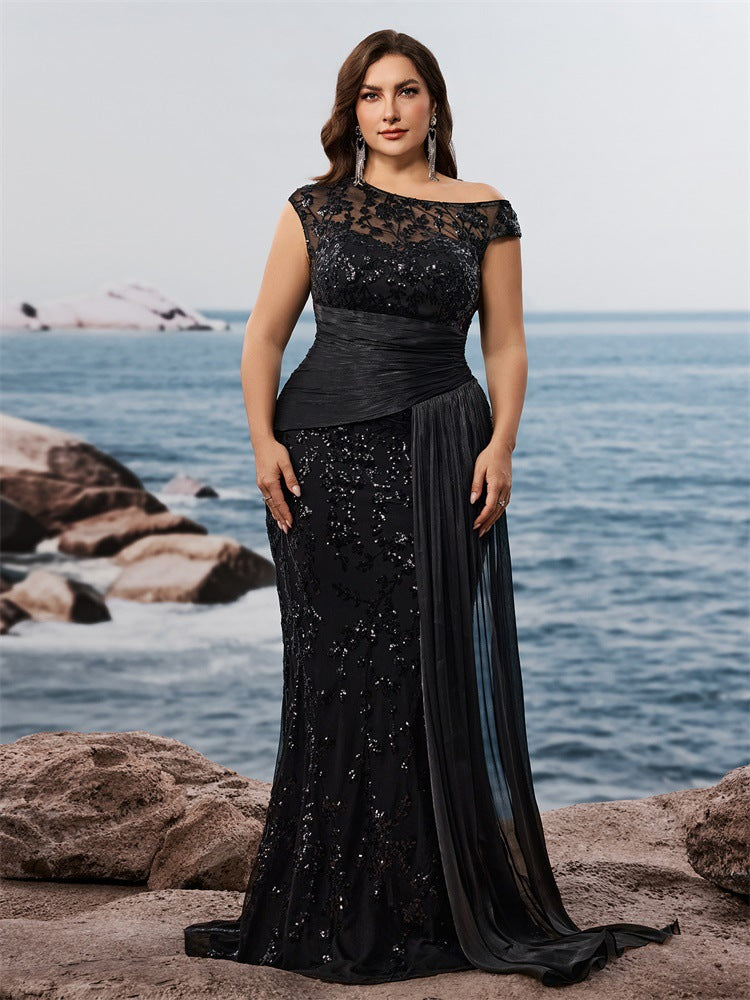 Fawn Plus Black Sequin One-Shoulder Dress