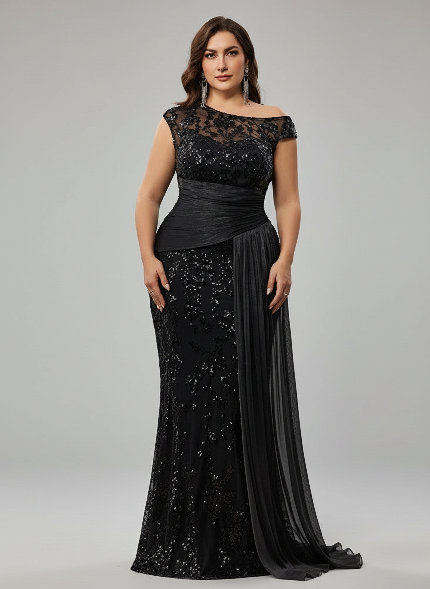 Fawn Plus Black Sequin One-Shoulder Dress