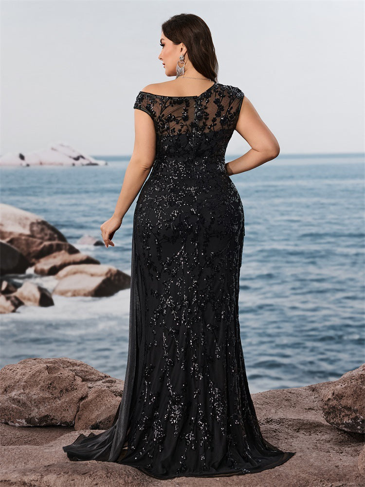 Fawn Plus Black Sequin One-Shoulder Dress