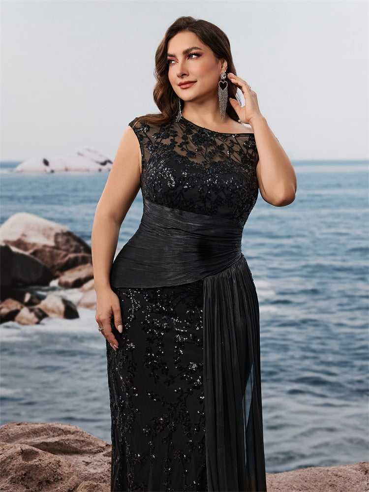 Fawn Plus Black Sequin One-Shoulder Dress