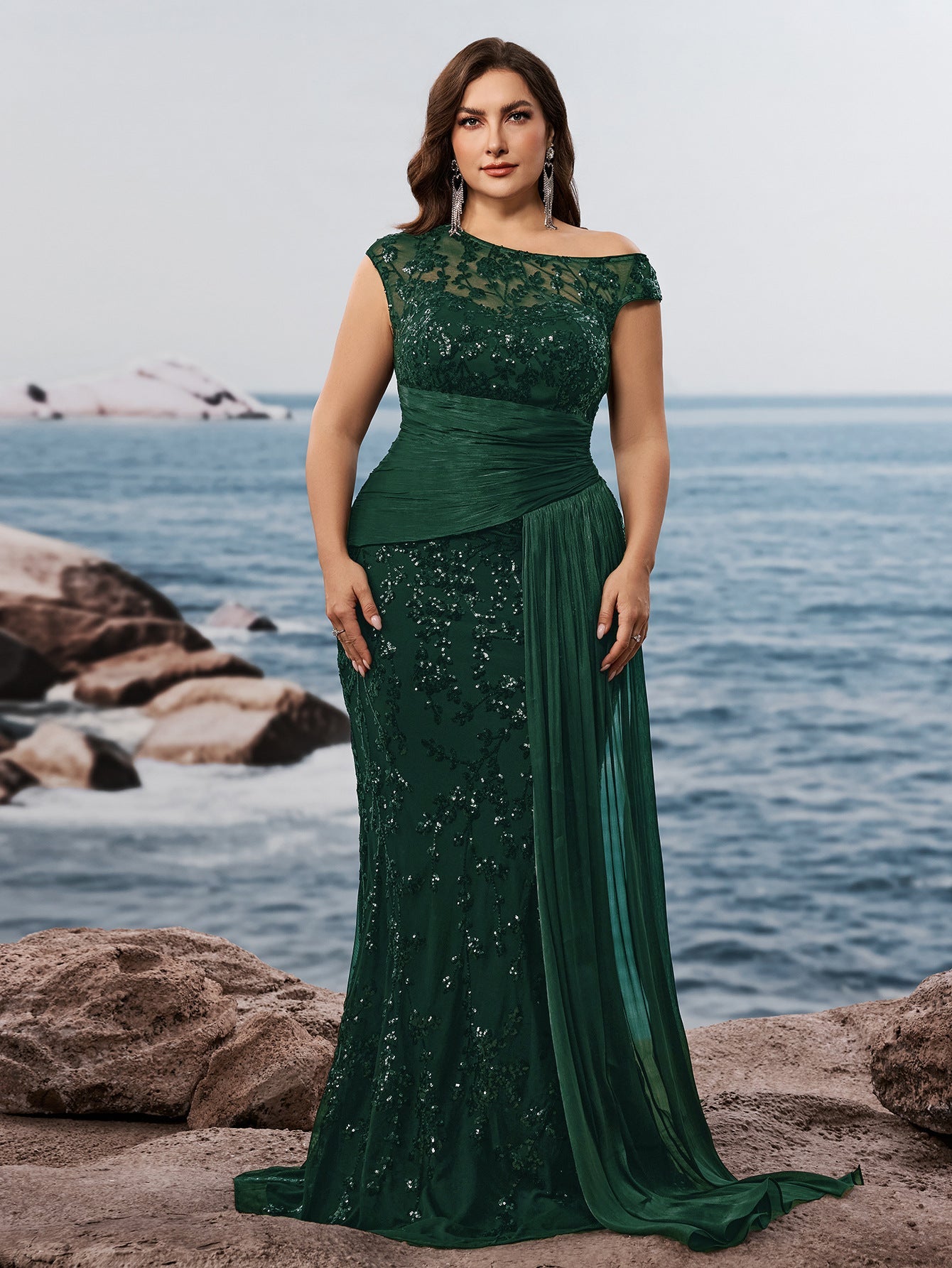 Fawn Plus Black Sequin One-Shoulder Dress