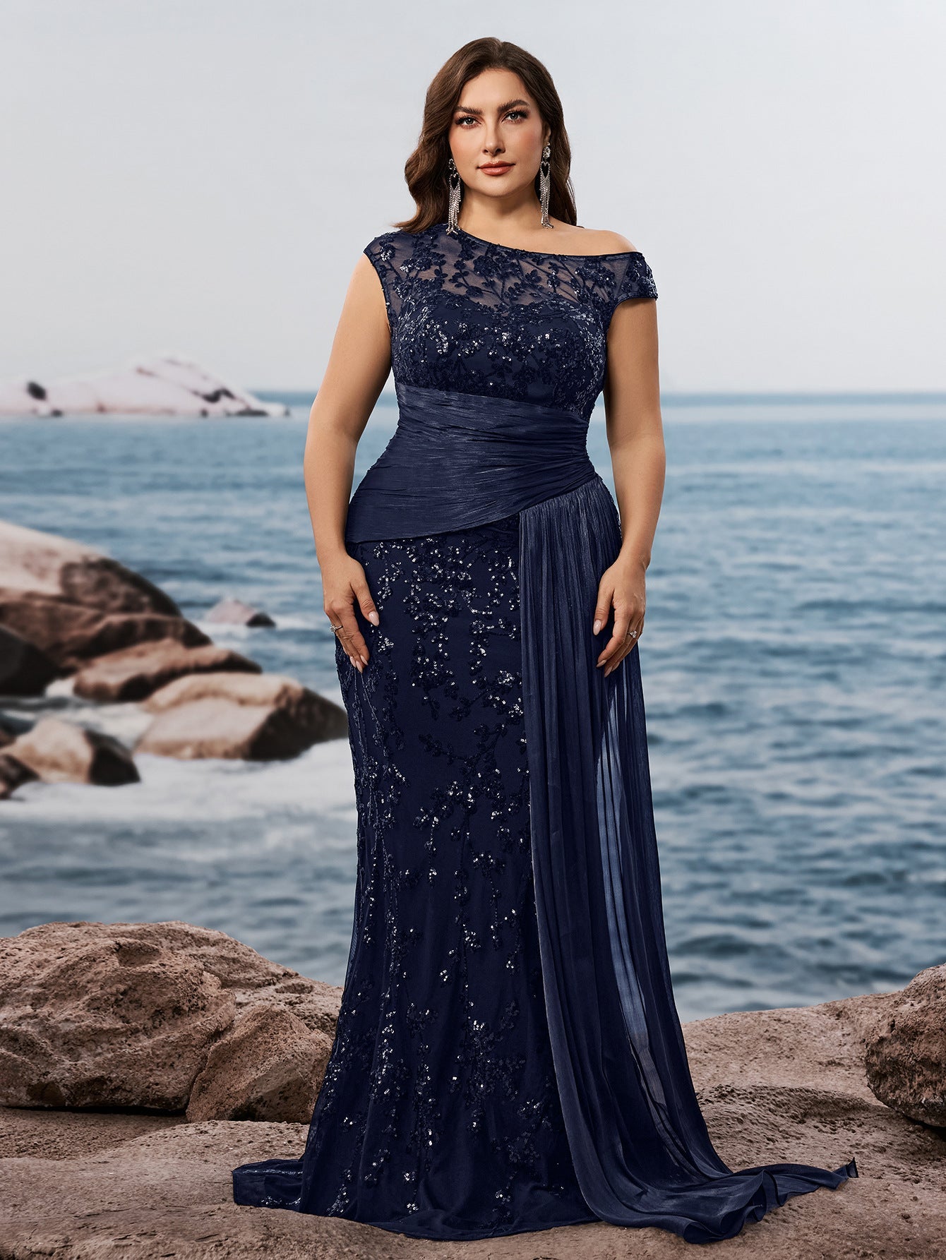 Fawn Plus Black Sequin One-Shoulder Dress