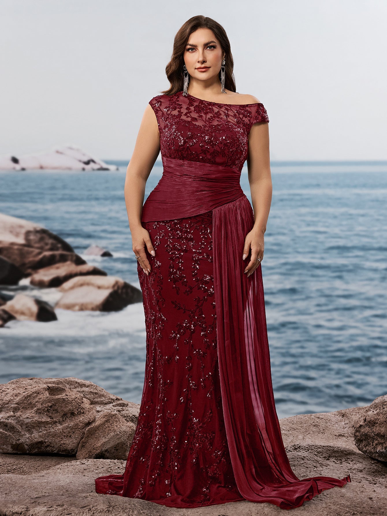 Fawn Plus Black Sequin One-Shoulder Dress