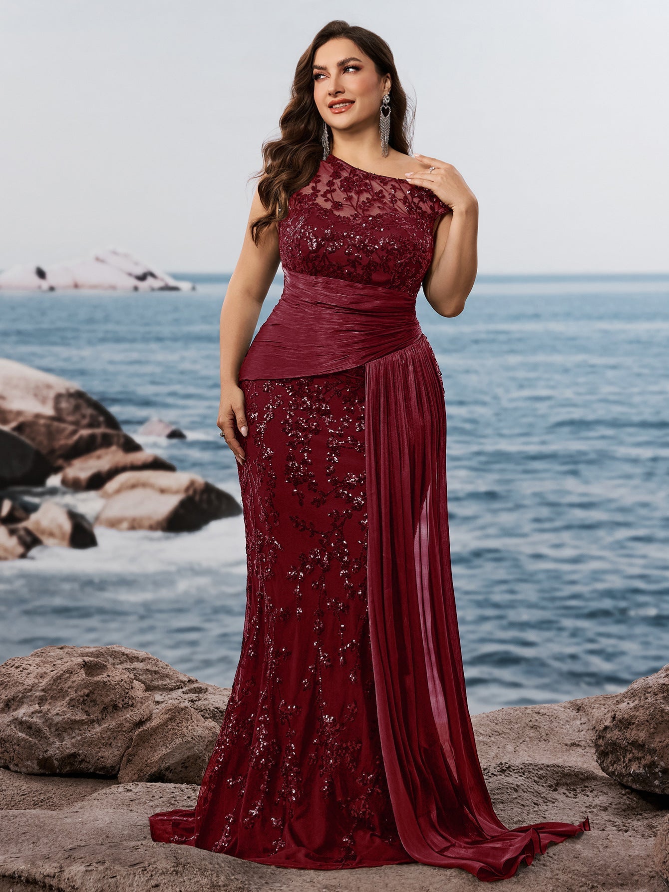 Fawn Plus Black Sequin One-Shoulder Dress