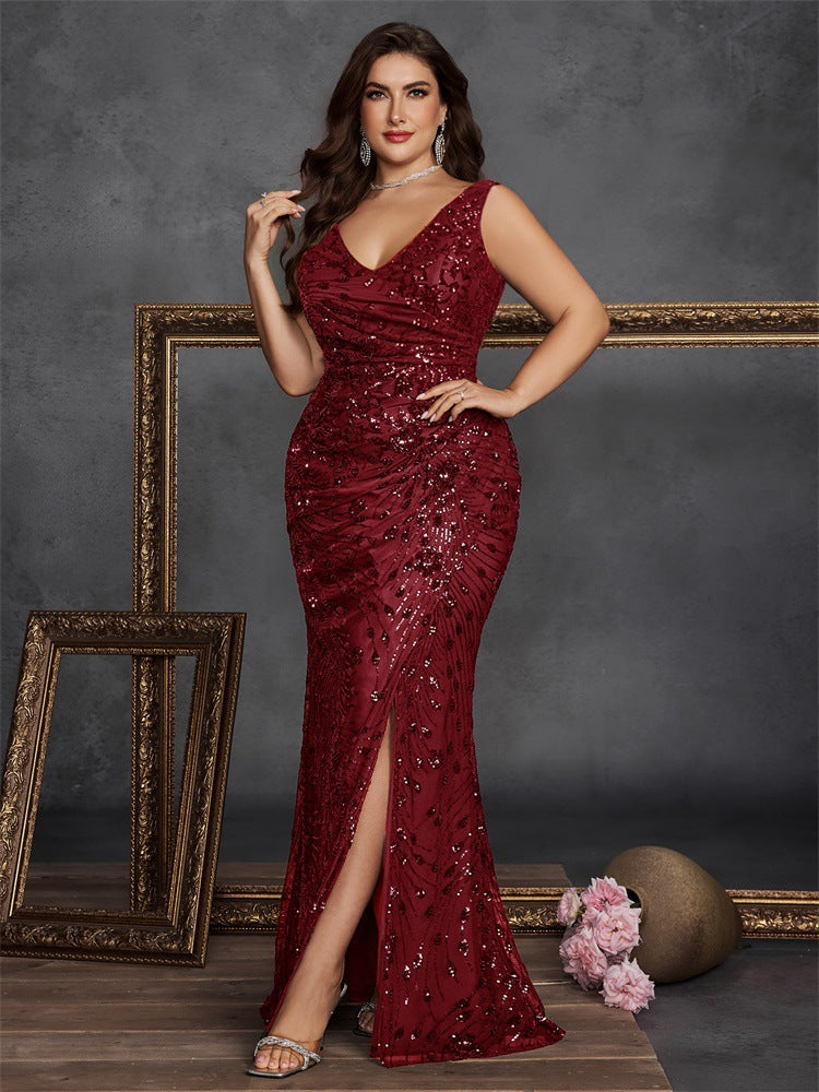 Plus Size V-Neck Ruched Sequin Split Maxi Evening Dress