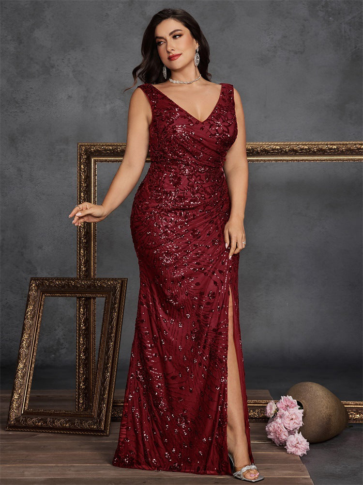 Plus Size V-Neck Ruched Sequin Split Maxi Evening Dress