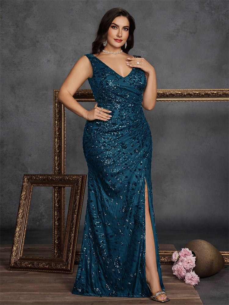 Plus Size V-Neck Ruched Sequin Split Maxi Evening Dress