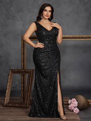 Plus Size V-Neck Ruched Sequin Split Maxi Evening Dress