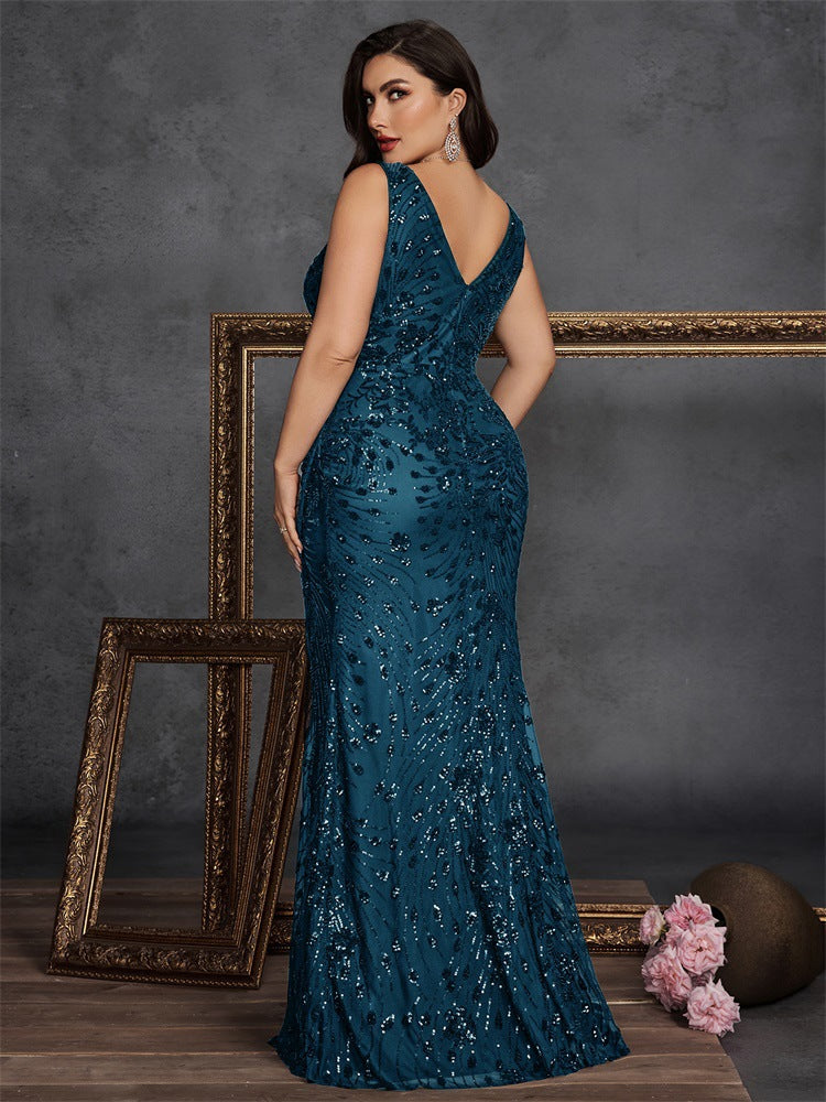 Plus Size V-Neck Ruched Sequin Split Maxi Evening Dress