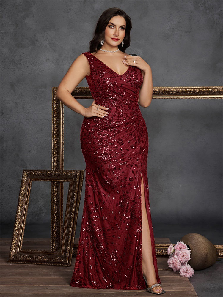 Plus Size V-Neck Ruched Sequin Split Maxi Evening Dress