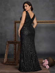 Plus Size V-Neck Ruched Sequin Split Maxi Evening Dress