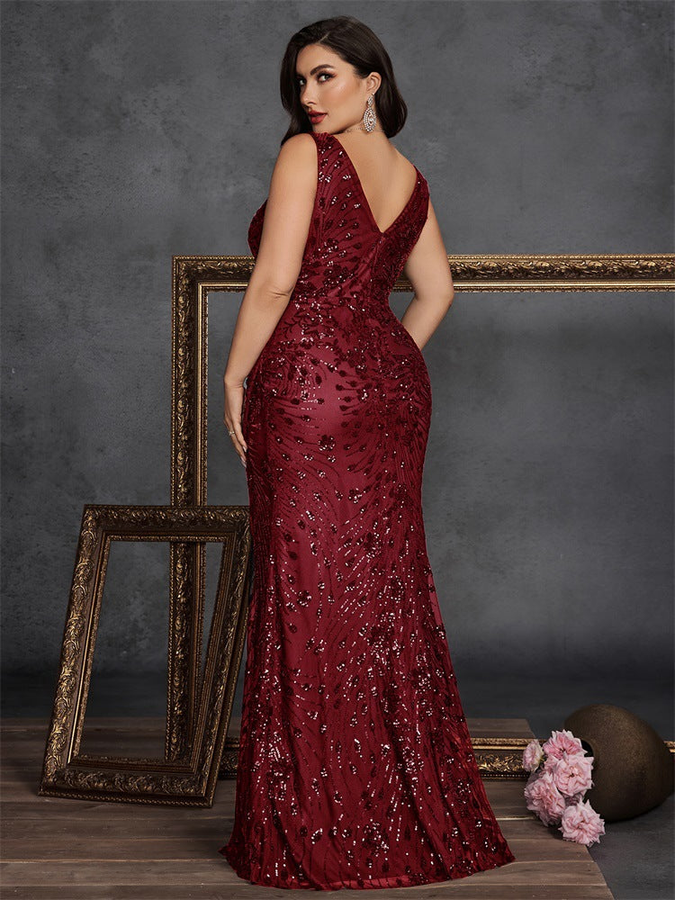 Plus Size V-Neck Ruched Sequin Split Maxi Evening Dress