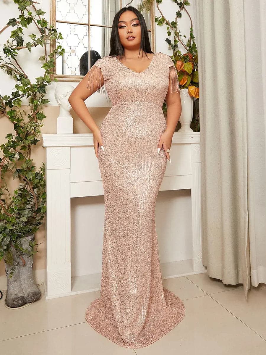 V Neck Cap Sleeve Sequin Floor Length Gold Evening Dress XH1929