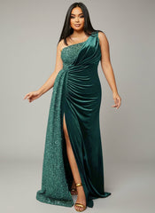 Plus Size One Shoulder Draped Sequin Burgundy Prom Dress PXH2356