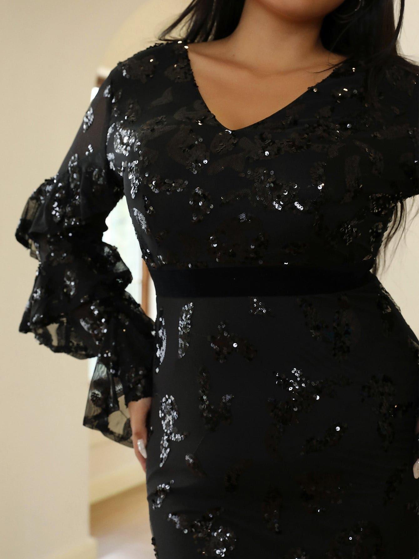 Plus Size V-Neck Black Sequin Dress PXJ1461