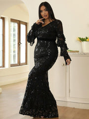 Plus Size V-Neck Black Sequin Dress PXJ1461