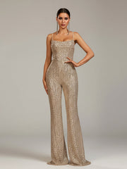 Spaghetti Strap Sleeveless Sequin Apricot Prom Jumpsuits RA60038