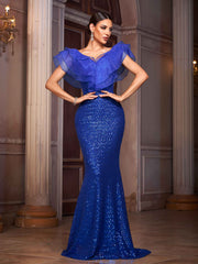 Royal Blue Ruffled Mermaid Sequin Evening Dress RJ10801