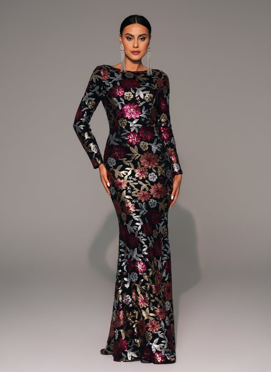 Crew Neck Floral Sequin Dress RJ10987
