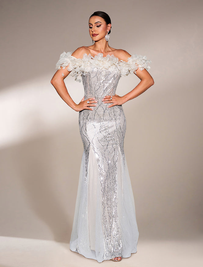 Off Shoulder Appliqued Sequin Mermaid Dress RJ11867
