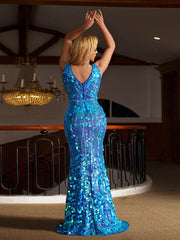 Blue V-neck Sequin Stripe Prom Dress RJ12131