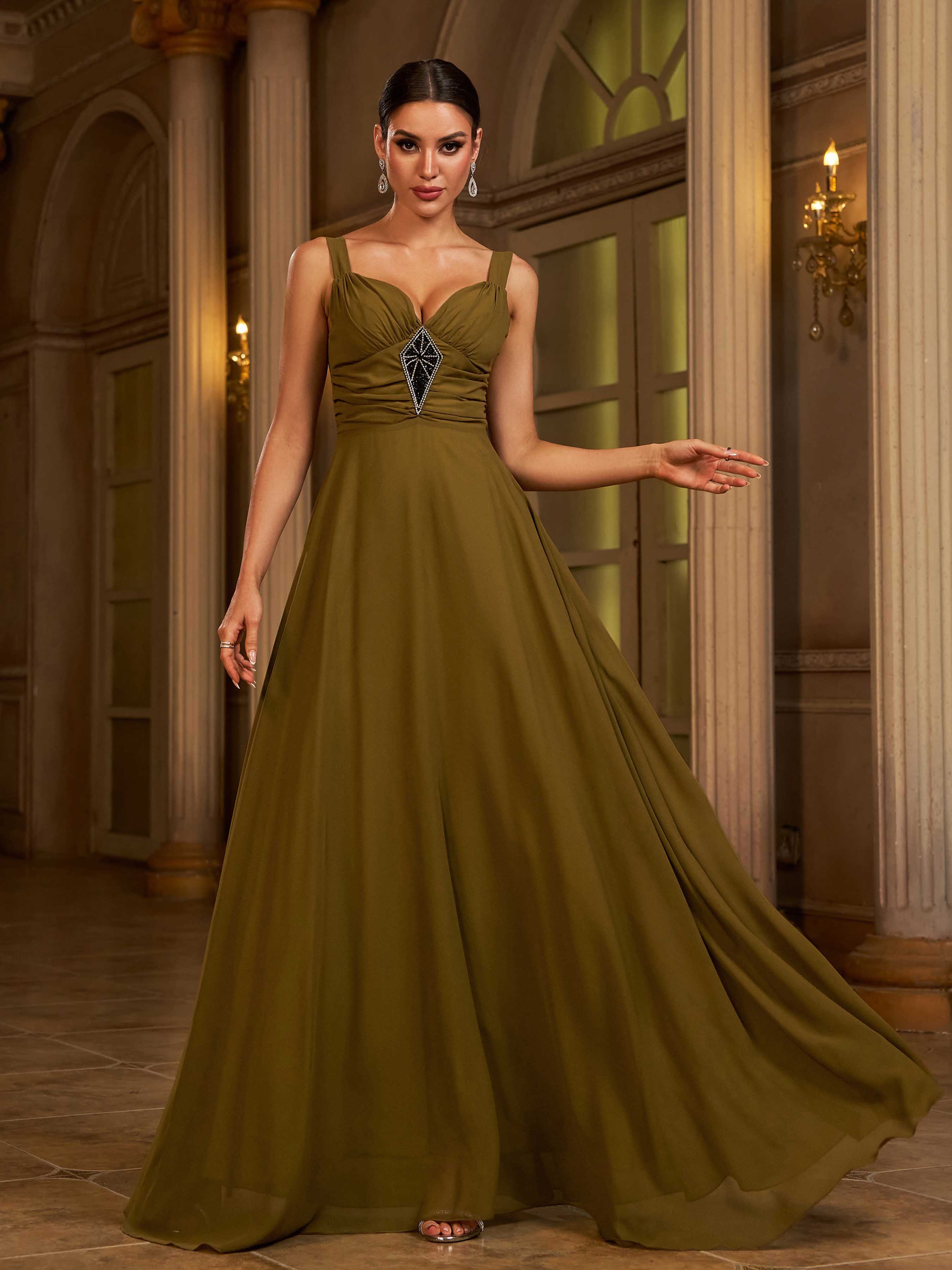 Olive Rhinestone A-line Swing Prom Dress RJ12142