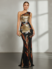 One Shoulder Floral Sequin Prom Dress RM20857