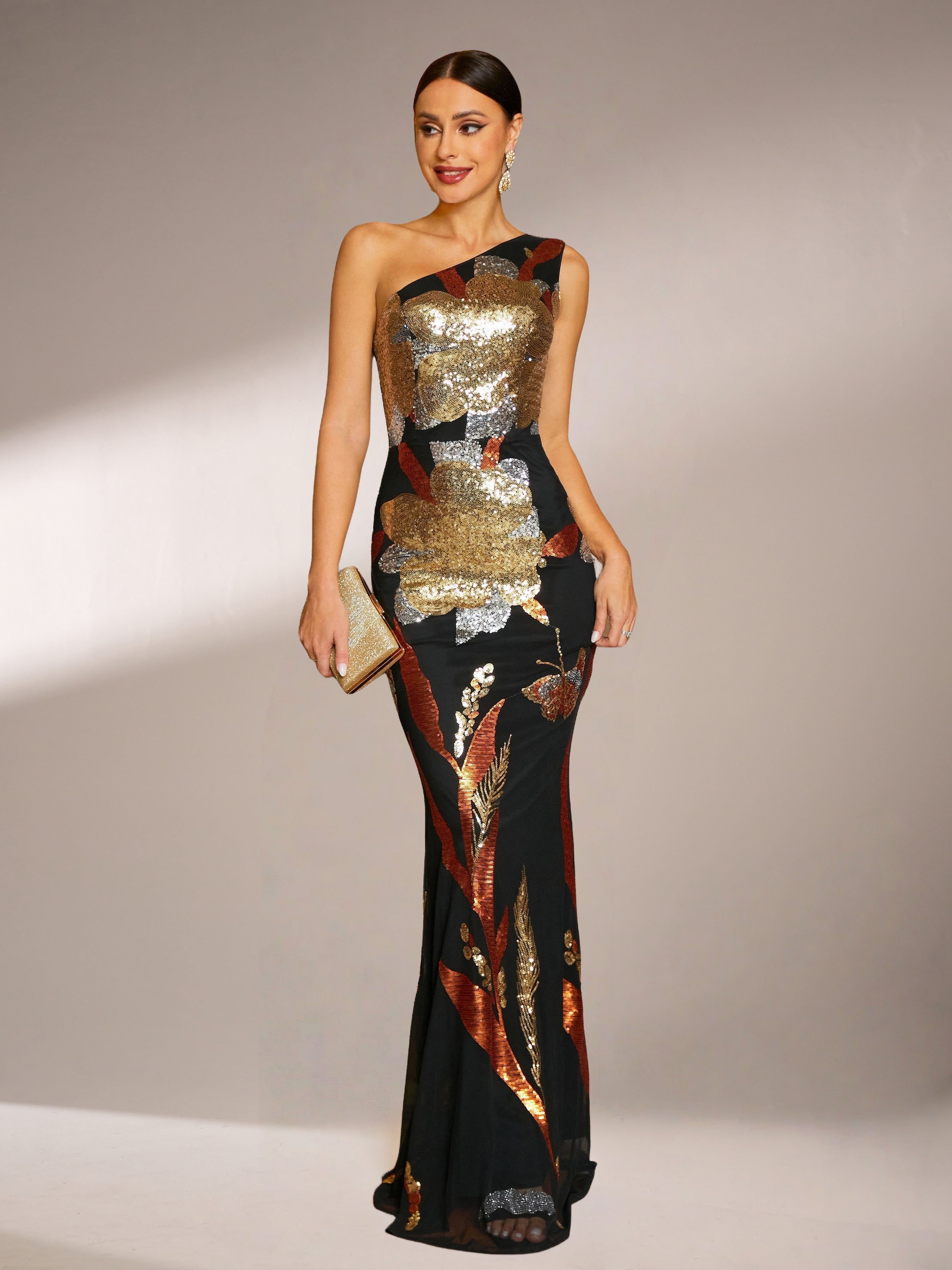 One Shoulder Floral Sequin Prom Dress RM20857