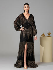 Lantern Sleeve V-Neck High Split Black Prom Dress RM21107