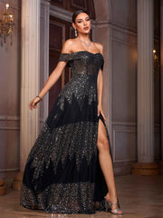 Black Off Shoulder Sequin A-line Prom Dress RX70435