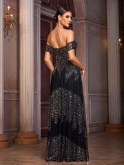 Black Off Shoulder Sequin A-line Prom Dress RX70435