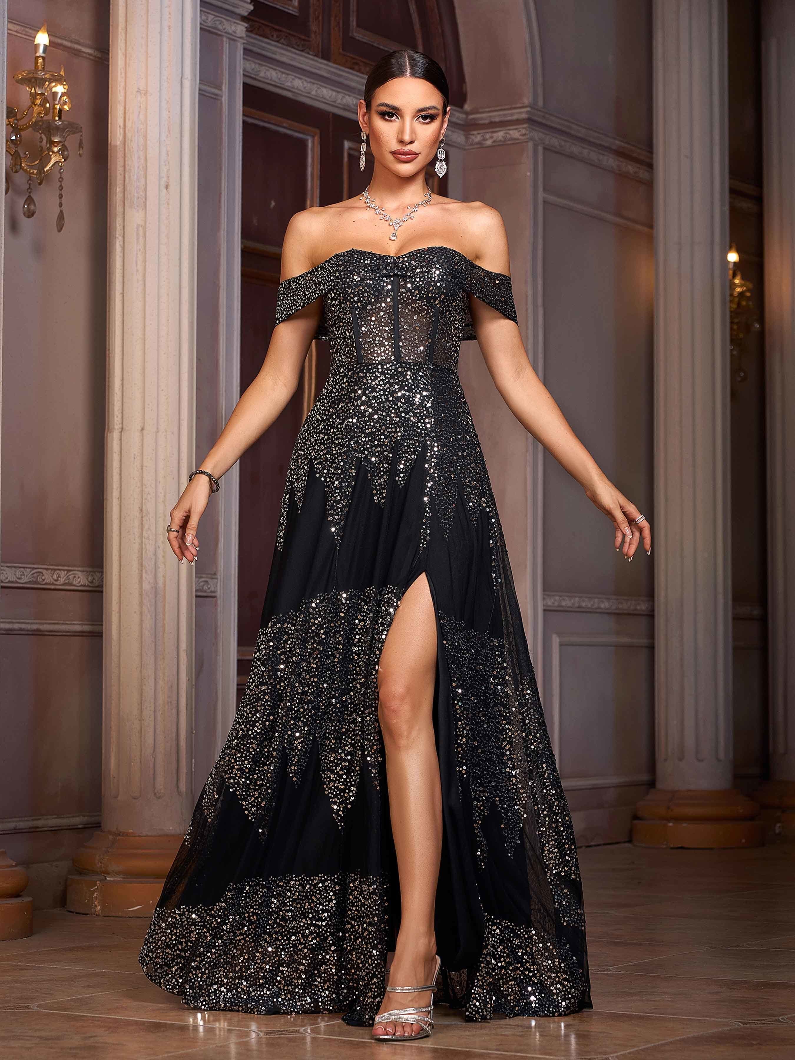 Black Off Shoulder Sequin A-line Prom Dress RX70435