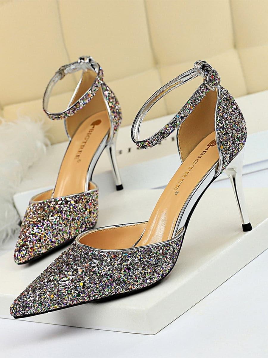 Metal Thin Buckle Sequins High Heel Sandals MHE1015
