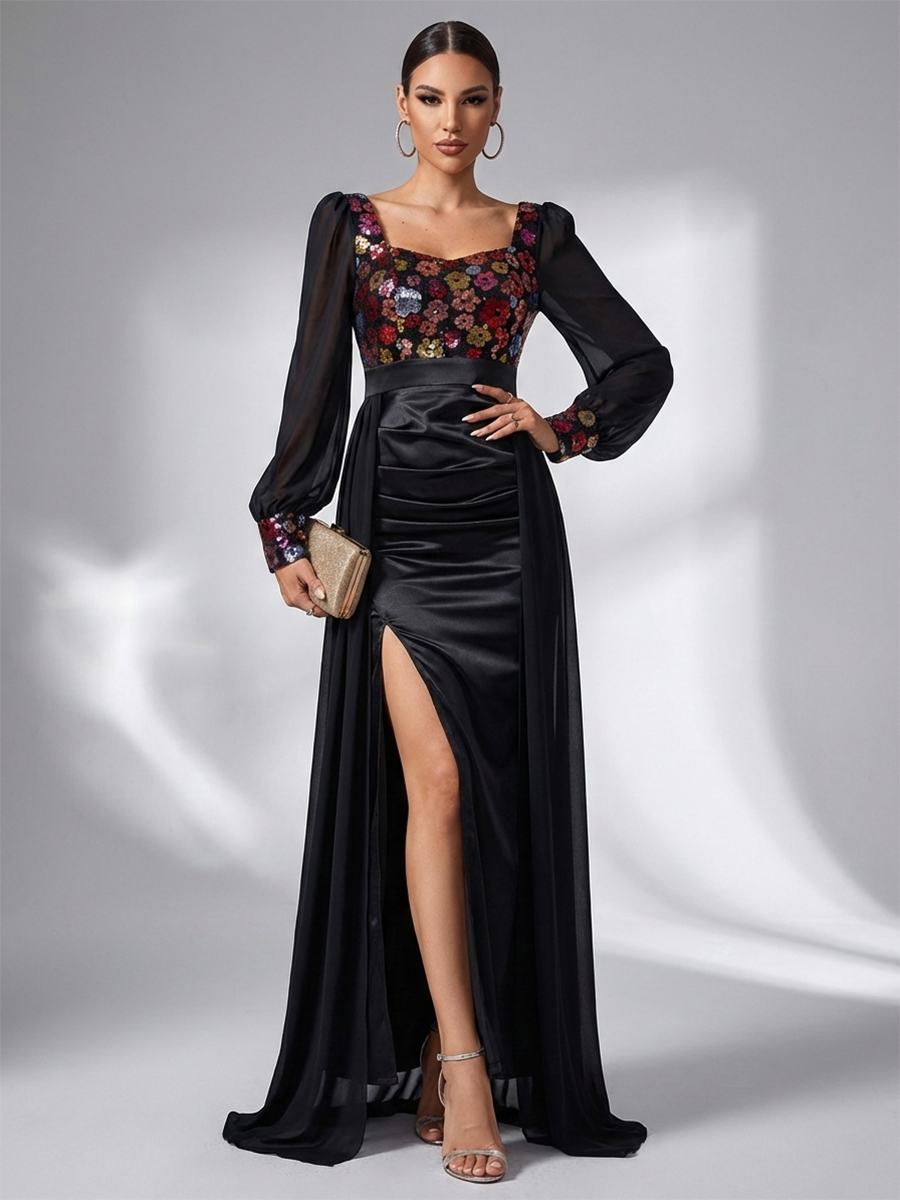 Long Sleeve Floral Sequin Draped Prom Dress SL30076